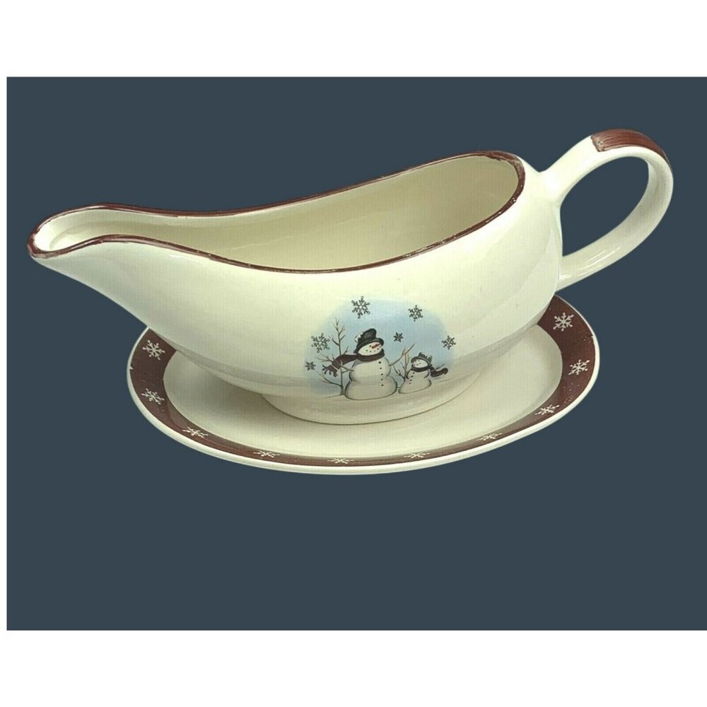Snowman Christmas Gravy Boat Set with Plate Red Cream Royal Seasons Stoneware